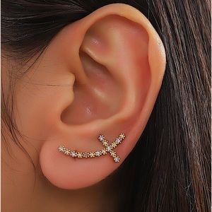 Gold Zircon Daisy Cross Ear Climber, Ear Jacket, Minimalist